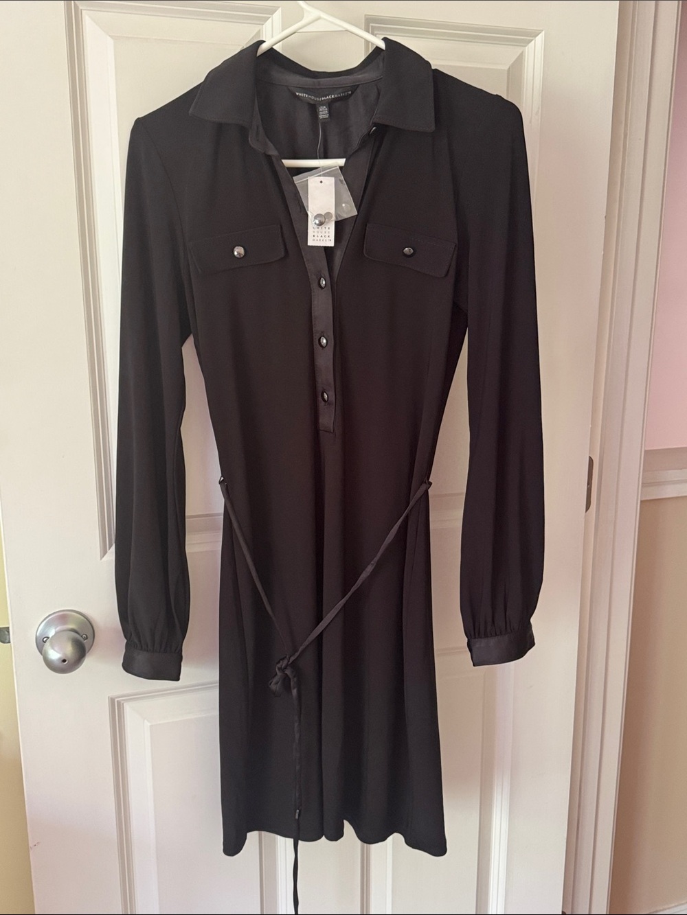 White House Black Market Black Long-Sleeve Shirt Dress with Tie